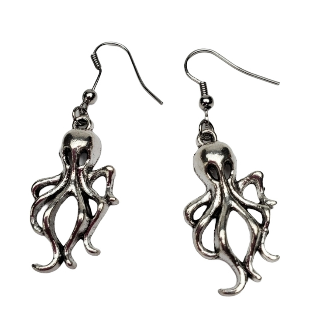 Sea life silver octopus dangle earrings 2" beach cruise wear  *